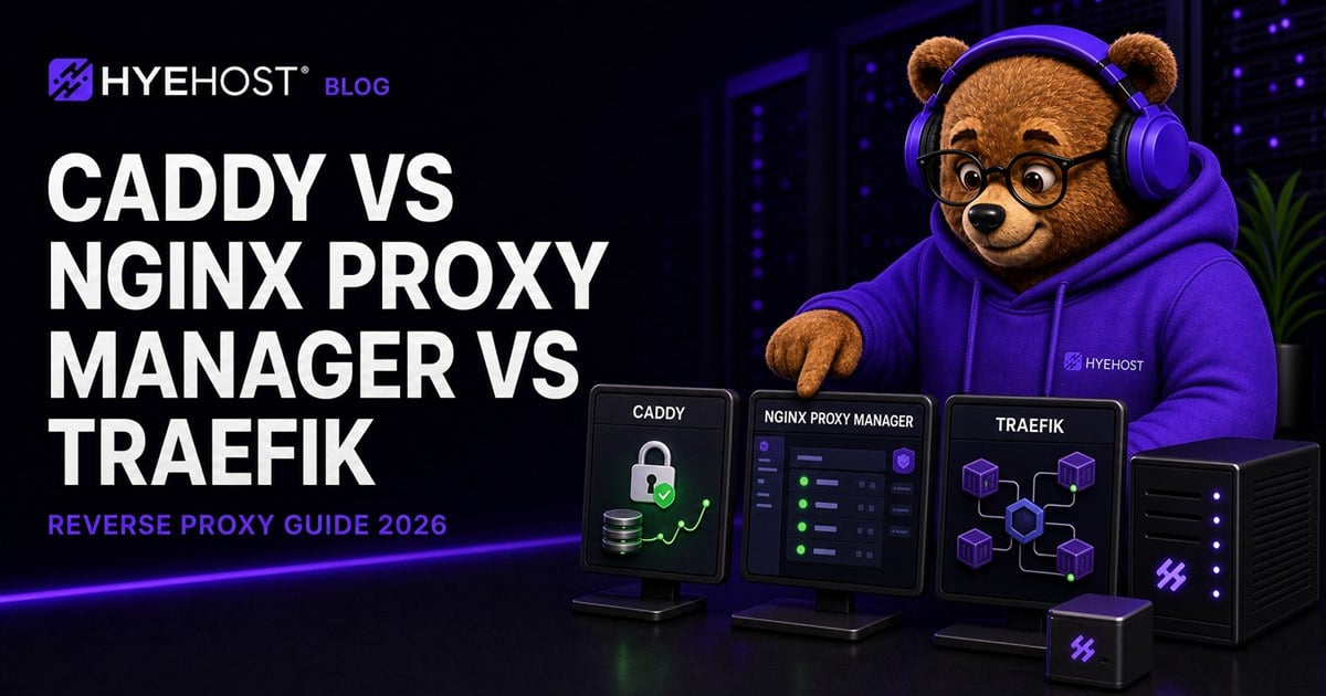 HYEHOST mascot comparing Caddy, Nginx Proxy Manager and Traefik reverse proxies