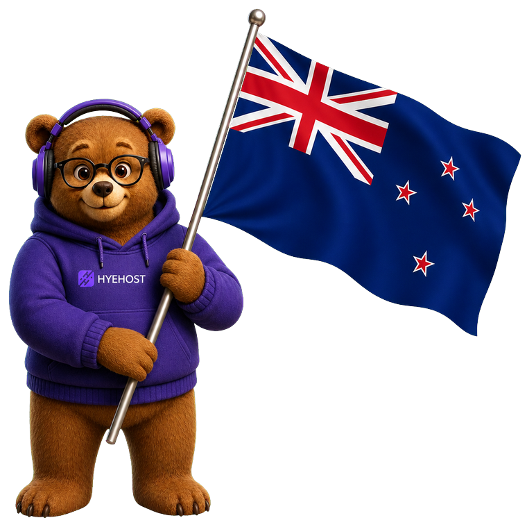 HYEHOST mascot holding an accurate New Zealand flag
