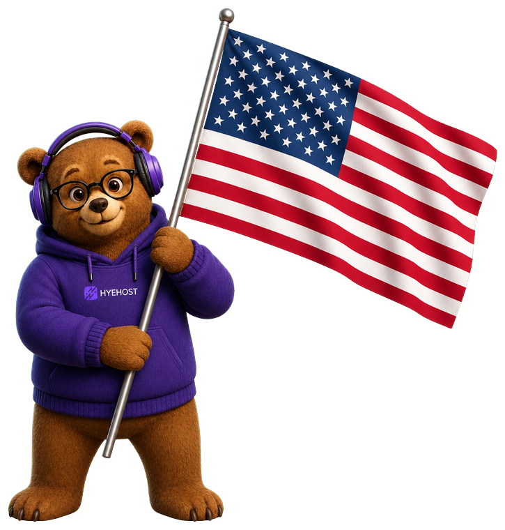 HYEHOST mascot holding an accurate United States flag